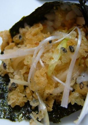 A picture of My Original Hand Rolls with Crispy Crunchy Tenkasu.