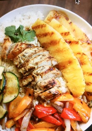 A picture of Hawaiian Teriyaki Chicken with Coconut Rice.
