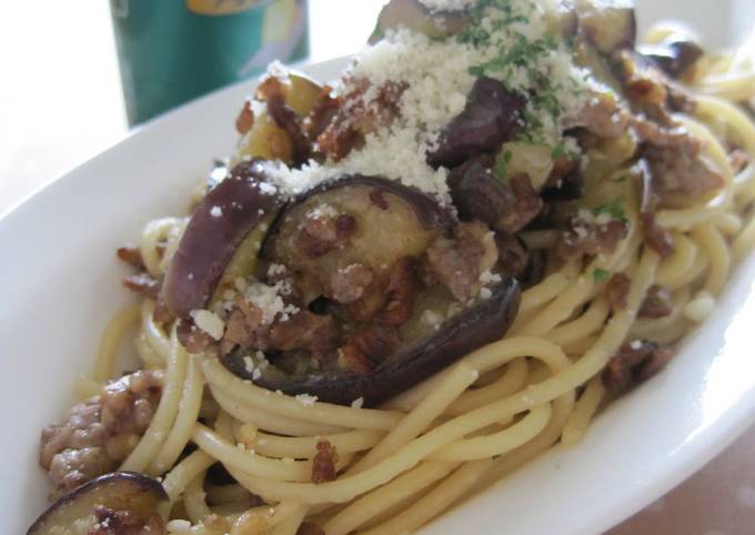 Eggplant and Ground Meat Butter-Ponzu Flavored Pasta