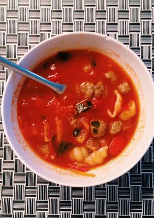 A picture of Tomato Soup With Meatballs.