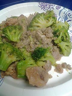 A picture of Pork and broccoli.