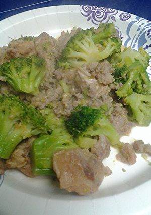 A picture of Pork and broccoli.