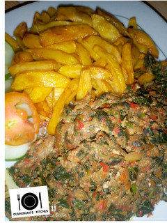 A picture of Chips and Scrambled Egg-spinach.