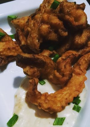 A picture of Crispy Chicken Strips with cheesy mayo dip.