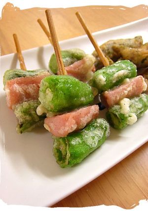A picture of Shishito Peppers and Fish Sausage Tempura.