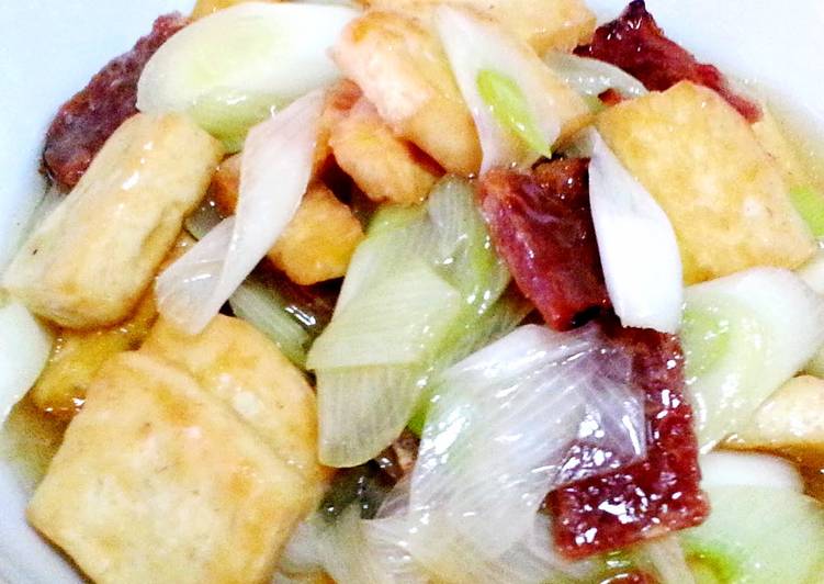 Recipe of Any-night-of-the-week Leek with bakkwa and bean curd