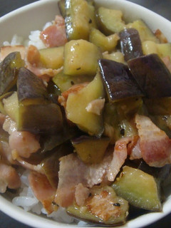 A picture of Eggplant and Bacon Rice Bowl.
