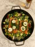 One-pan roasted salmon, market vegetables, lemon & olive oil from Spain