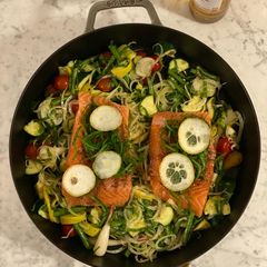 A picture of One-pan roasted salmon, market vegetables, lemon & olive oil from Spain.