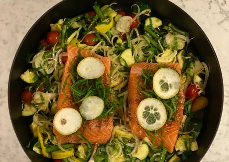 One-pan roasted salmon, market vegetables, lemon &amp; olive oil from Spain