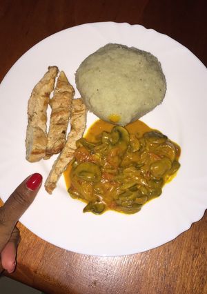 A picture of Pounded yam chicken and mushrooms.