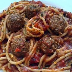 A picture of Vickys Vegan Spaghetti and 'Meatballs', GF DF EF SF NF.