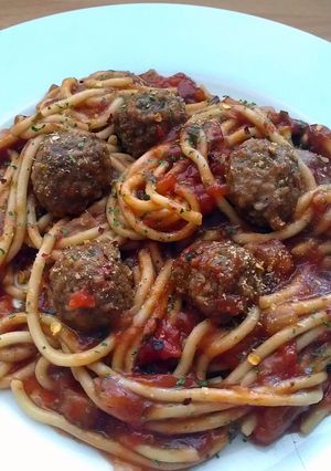 A picture of Vickys Vegan Spaghetti and 'Meatballs', GF DF EF SF NF.