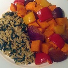 A picture of Vickys Spinach Pilaf and Spicy Roast Veg, GF DF EF SF NF.