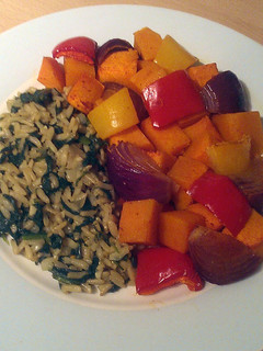 A picture of Vickys Spinach Pilaf and Spicy Roast Veg, GF DF EF SF NF.