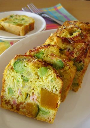 A picture of Cake Salé (Savory Cake) with Kabocha Squash and Broccoli.