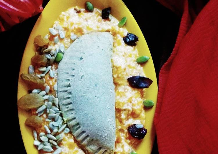 Baked Kuttu Gujiya in Papaya Rabdi