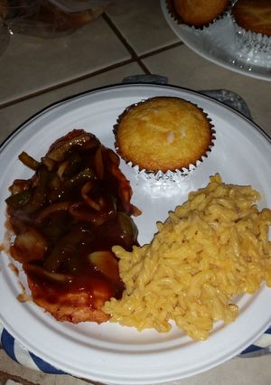 A picture of Baked BBQ chicken with Peppers & Onions.