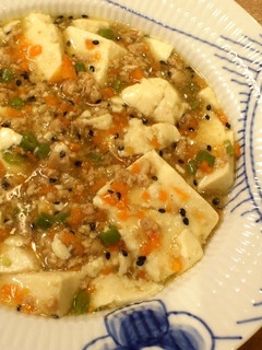 A picture of Silken Tofu with Ground Chicken in Colorful Sauce.