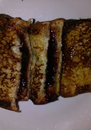 A picture of French toast pudding sandwhich.