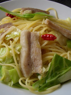 A picture of Pasta with Salted Pork and Cabbage.
