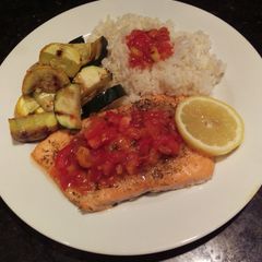 A picture of Grilled "Planked" Salmon with Peach - Mango Salsa.