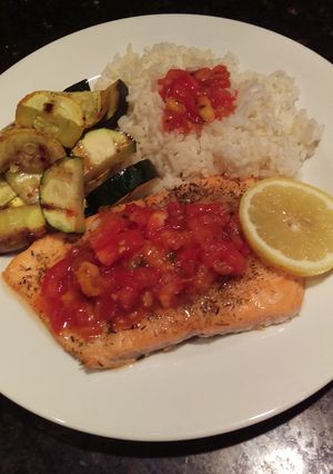 A picture of Grilled "Planked" Salmon with Peach - Mango Salsa.
