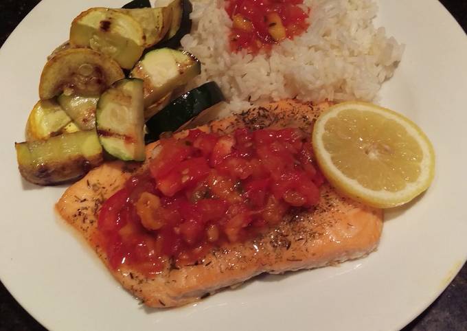 So Delicious Mexican Cuisine Grilled "Planked" Salmon with Peach - Mango Salsa