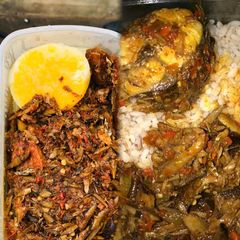 A picture of Title:ugba sauce and boiled yam and rice.