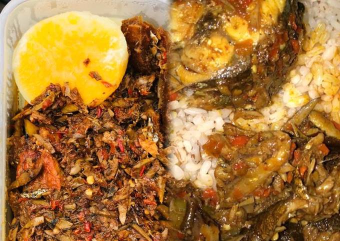 Title:ugba sauce and boiled yam and rice