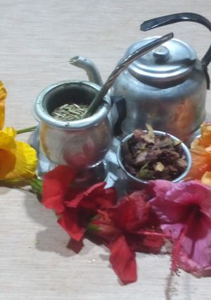 Una foto de Mate con topping de hibisco
