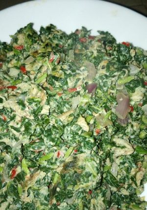 A picture of Scrambled veggie eggs.