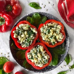 Scrambled eggwhite stuffed bell peppers A picture of Scrambled eggwhite stuffed bell peppers.