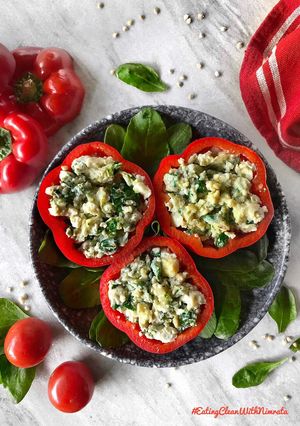 A picture of Scrambled eggwhite stuffed bell peppers.
