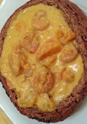A picture of 'V' Smokey Shrimp and Sweet potato chowder.