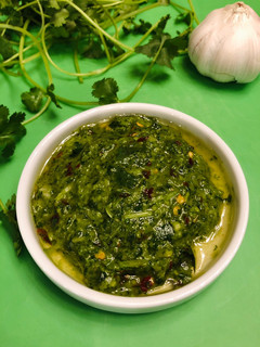 A picture of Homemade cilantro chimichurri sauce.
