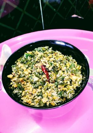A picture of Drumstick Saag with Moong dal and grated Coconut.