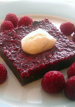 A picture of Vickys Double Chocolate & Raspberry Squares GF DF EF SF NF VEGAN.