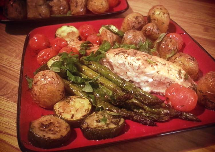 Recipe of Any-night-of-the-week Salmon with roast asparagus, potatoes etc.