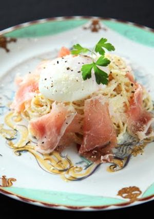 A picture of Chilled Carbonara with Poached Egg.