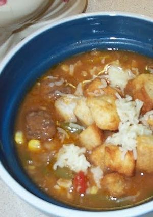 A picture of Maggie's Magnificent Meatball Minestrone Soup.