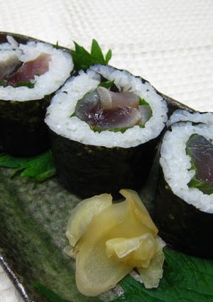 A picture of Cured Mackerel Maki Sushi.