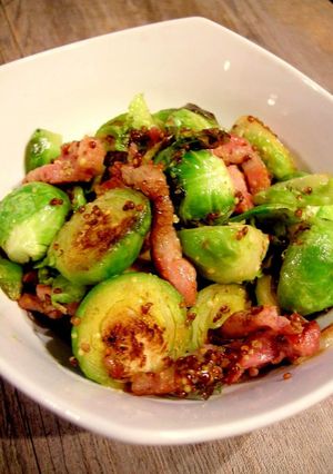 A picture of Stir-Fried Brussels Sprouts with Honey Mustard Sauce.
