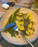Truffle tortellini with creamy mushroom and sage sauce, and asparagus side