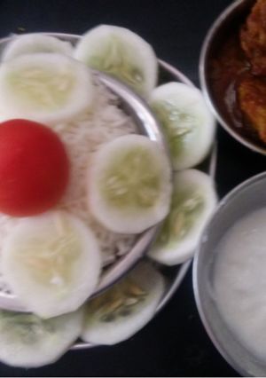 A picture of Jeera rice bottle guard(lauki)kofte and curd.