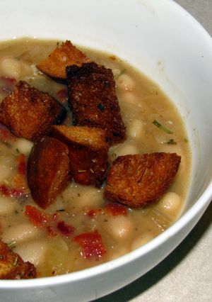 A picture of White Bean Soup with Rosemary Croutons.
