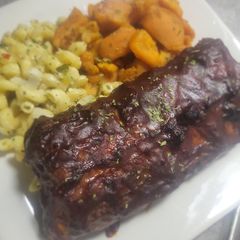 A picture of BBQ Ribs with Sweet Potatoes and Blue Cheese Pasta.