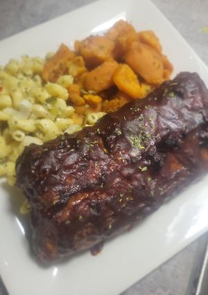 A picture of BBQ Ribs with Sweet Potatoes and Blue Cheese Pasta.