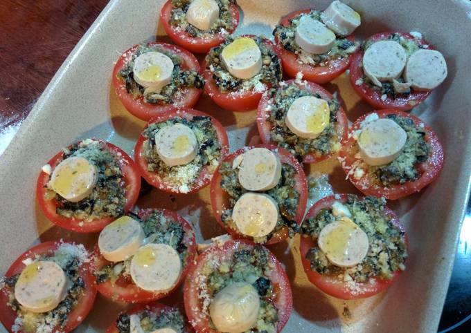 Roast tomatoes with olives, capers, cheese and sausage