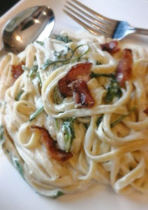 A picture of Gorgonzola Fettuccine With Spinach And Bacon.